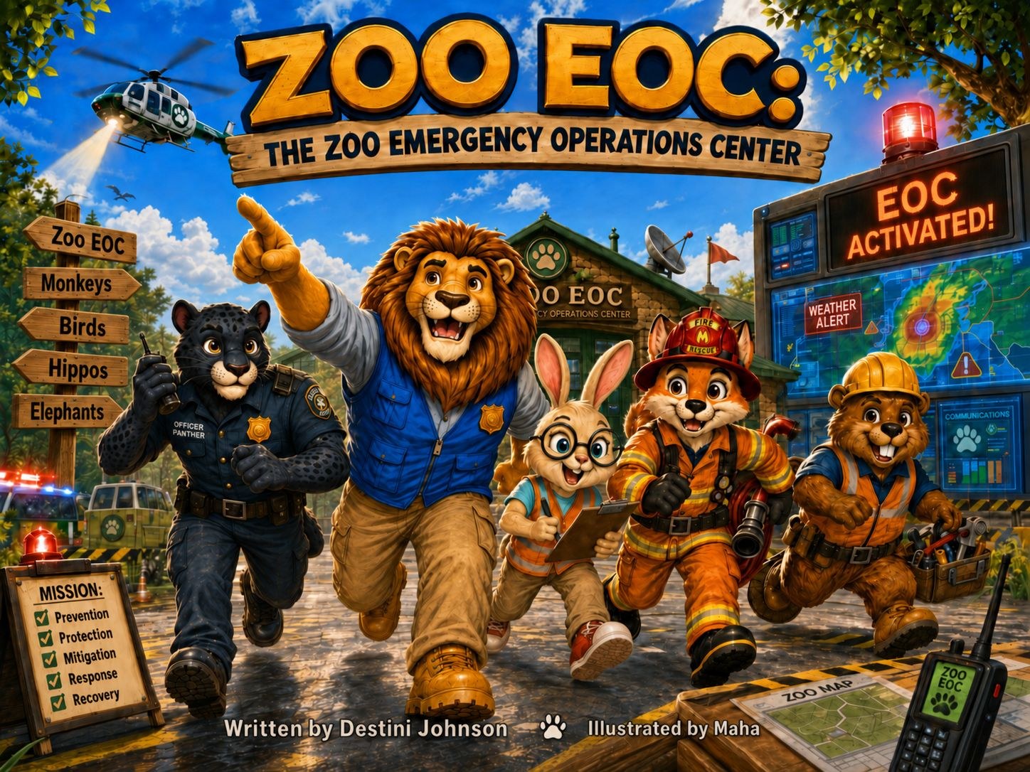 Cover of the picture book Zoo EOC: The Zoo Emergency Operations Center, showing Charlie the Lion and the zoo emergency team